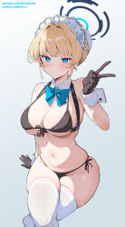 Rule 34 | 1girl, bare shoulders, bikini, black bikini, black gloves, blonde hair, blue archive, blue bow, blue bowtie, blue eyes, bow, bowtie, breasts, closed mouth, crossed legs, detached collar, gloves, halo, highres, maid headdress, medium breasts, navel, simao (x x36131422), simple background, sitting, skindentation, solo, stomach, sweat, swimsuit, thighhighs, thighs, toki (blue archive), v, white thighhighs, wing collar, wrist cuffs