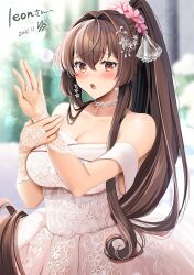 Rule 34 | 1girl, blurry, blurry background, blush, breasts, bridal gauntlets, brown eyes, brown hair, cleavage, closed mouth, commission, dress, hair between eyes, hair intakes, high ponytail, highres, jewelry, kantai collection, large breasts, long hair, looking at viewer, necklace, open mouth, ornate ring, ring, second-party source, sidelocks, skeb commission, solo, strapless, strapless dress, very long hair, wedding dress, wedding ring, white dress, wreath, yamato (kancolle), yunamaro
