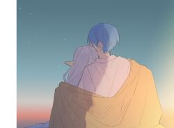 Rule 34 | 1boy, 1girl, blue hair, blue sky, chamwa, commentary, elf, english commentary, frieren, from behind, hetero, highres, himmel (sousou no frieren), long hair, morning, outdoors, pointy ears, shared blanket, short hair, sky, sousou no frieren, star (sky), sunrise, white hair