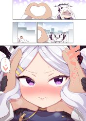 Rule 34 | 1boy, 1girl, absurdres, black gloves, blue archive, blush, comic, gloves, halo, hands on another&#039;s face, heart, highres, hina (blue archive), horns, long hair, looking at viewer, pov, purple eyes, sensei (blue archive), shaded face, shiyoo, snoot challenge, spoken heart, sweatdrop, white hair