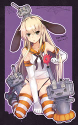 Rule 34 | 1girl, abyssal ship, adapted costume, animal ears, artist name, black neckerchief, black panties, blonde hair, commentary request, creature on head, crop top, dated, elbow gloves, enemy lifebuoy (kancolle), fake animal ears, gloves, grey eyes, halloween, highleg, highleg panties, highres, himeyamato, kantai collection, kneeling, long hair, looking at viewer, neckerchief, no pants, orange sailor collar, panties, purple background, rabbit ears, rensouhou-chan, sailor collar, shimakaze (kancolle), silk, spider web, striped clothes, striped thighhighs, thighhighs, underwear, white gloves