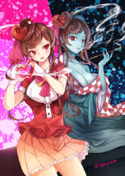 Rule 34 | 10s, 1girl, blue skin, bow, breasts, brown hair, checkered clothes, checkered kimono, cleavage, colored skin, dying (dying0414), gloves, hair ornament, heart, heart hands, holding, holding smoking pipe, japanese clothes, kimono, large breasts, long hair, long sleeves, multicolored background, open mouth, pleated skirt, red eyes, scar, scar on neck, short sleeves, sitting, skirt, smoking, smoking pipe, yuugiri (zombie land saga), zombie, zombie land saga