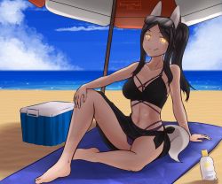 Rule 34 | 1girl, animal ears, beach, bikini, black hair, blush, bookmarkahead, breasts, closed mouth, constantia cantacuzino, highres, large breasts, long hair, looking at viewer, navel, outdoors, ponytail, sitting, smile, solo, strike witches, swimsuit, tail, wolf ears, wolf tail, world witches series, yellow eyes
