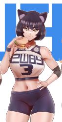 Rule 34 | 1girl, absurdres, aestheticc-meme, animal ears, artist name, bare shoulders, black hair, blake belladonna, breasts, cat ears, cat girl, cropped, curvy, elbow pads, english text, food, gluteal fold, burger, hand on own hip, highres, holding, large breasts, looking at viewer, midriff, navel, rwby, short hair, smile, solo, sportswear, stomach, thick thighs, thighs, third-party edit, wide hips, wristband, yellow eyes