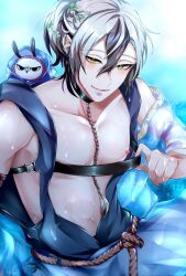 Rule 34 | 1boy, 2boys, animal, bird, breasts, chest strap, choker, clothes pull, clothing cutout, coat, collar, earrings, father (nu carnival), green eyes, grey hair, highres, jewelry, male focus, mole, mole on breast, mole under mouth, multicolored hair, multiple boys, navel, nipples, nu carnival, owl, parted lips, pectorals, raincoat, rei (nu carnival), see-through, see-through coat, see-through sleeves, short ponytail, side cutout, slit pupils, strap, teeth, wet, wet clothes, yadome810