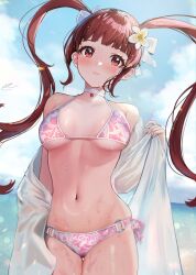 Rule 34 | 1girl, bare shoulders, bikini, blue sky, blush, bow, breasts, brown hair, c (theta), collarbone, cowboy shot, day, floral print, flower, hair bow, hair flower, hair ornament, highres, idolmaster, idolmaster million live!, long hair, looking at viewer, matsuda arisa, medium breasts, navel, o-ring, off shoulder, open clothes, outdoors, pink bikini, red hair, see-through, shirt, sky, solo, standing, stomach, swimsuit, twintails, very long hair, wet, wet clothes, white bow