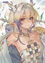 Rule 34 | 1girl, absurdres, arknights, bare shoulders, blue eyes, blue hair, blush, closed mouth, collarbone, colored skin, colored tips, commentary request, dragon girl, dragon horns, highres, horns, jacket, kaguura (kagu), long hair, looking at viewer, multicolored hair, off shoulder, pointy ears, shirt, shu (arknights), sidelocks, solo, strapless, strapless shirt, upper body, white hair, white jacket, white shirt