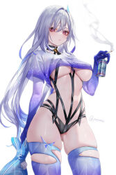Rule 34 | 1girl, absurdres, beer can, breasts, can, cigarette, commentary request, cowboy shot, crop top, drink can, genshin impact, grey hair, hair intakes, hand up, highres, holding, holding can, holding cigarette, holding stuffed toy, large breasts, long hair, looking at viewer, midriff, pottsness, purple eyes, purple shirt, purple thighhighs, shirt, simple background, skirk (genshin impact), solo, standing, stomach, stuffed toy, stuffed whale, thighhighs, thighs, underboob, very long hair, white background