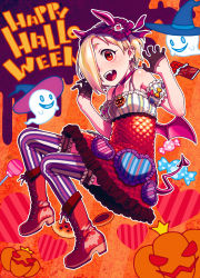 Rule 34 | 1girl, bare shoulders, blonde hair, boots, candy, choker, claw pose, commentary request, costume, demon horns, demon tail, demon wings, detached sleeves, dress, ear piercing, earrings, fangs, food, frilled hairband, frills, full body, ghost, gloves, hair over one eye, hairband, half gloves, halloween, halloween costume, happy halloween, hat, heart, highres, hijiri rei, horns, idolmaster, idolmaster cinderella girls, jack-o&#039;-lantern, jewelry, lollipop, open mouth, piercing, puffy short sleeves, puffy sleeves, pumpkin, red eyes, shirasaka koume, short hair, short sleeves, sleeveless, sleeveless dress, smile, striped clothes, striped thighhighs, tail, thighhighs, vertical-striped clothes, vertical-striped thighhighs, wings, witch hat