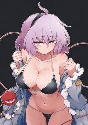 Rule 34 | 1girl, absurdres, ahoge, bare shoulders, bikini, bikini under clothes, black background, black bikini, black hairband, blue shirt, blush, breasts, cleavage, closed mouth, collarbone, commentary, cowboy shot, eyeball, groin, hairband, highres, komeiji satori, large breasts, leaning forward, looking at viewer, medium hair, navel, open clothes, open shirt, outline, pink eyes, purple hair, scavia10, shiny clothes, shiny skin, shirt, simple background, skindentation, solo, standing, stomach, strap gap, swimsuit, thigh gap, third eye, touhou, undressing, white outline