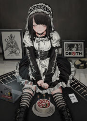 Rule 34 | 1girl, absurdres, apron, baphomet, black bow, black choker, black dress, black hair, black shirt, black thighhighs, boots, bow, bridal garter, cake, cellphone, chain, chain leash, choker, closed eyes, closed mouth, clothes writing, computer, dark, demon, dress, english text, facing viewer, food, gishiki (gshk), highres, jewelry, laptop, leash, long sleeves, maid apron, maid headdress, medium hair, original, pentacle, phone, profanity, puffy short sleeves, puffy sleeves, ring, shirt, short sleeves, sitting, smartphone, smile, smiley face, sticker, striped clothes, striped thighhighs, thighhighs, underbust, white apron, white thighhighs