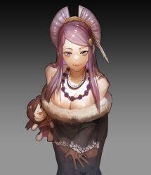 Rule 34 | 1girl, bare shoulders, belt, belt skirt, breasts, character doll, cleavage, closed mouth, comb, commission, commissioner upload, cosplay, cowboy shot, doll, dress, fire emblem, fire emblem fates, fur trim, gradient background, hair bun, hair ornament, hair stick, highres, holding, holding doll, jewelry, kagero (fire emblem), kokutan kitsunen, large breasts, leaning forward, lips, long hair, looking at viewer, lulu (ff10), lulu (ff10) (cosplay), multiple necklaces, necklace, nintendo, non-web source, off-shoulder dress, off shoulder, orochi (fire emblem), purple eyes, purple hair, skeb commission, smile, solo, spotlight, strapless, strapless dress