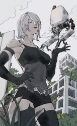 Rule 34 | 1girl, android, armlet, bare shoulders, black gloves, black shorts, black thighhighs, building, closed eyes, cloud, elbow gloves, from below, gloves, hair over one eye, hand on own hip, highres, joints, mole, mole under mouth, nier:automata, nier (series), oimo (oimkimn), outdoors, overgrown, parted lips, plant, pod (nier:automata), post-apocalypse, robot joints, rubble, ruins, short hair, shorts, sky, tank top, thighhighs, a2 (nier:automata)