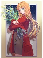 Rule 34 | 1girl, aqua eyes, blonde hair, buttons, closed mouth, coat, cowboy shot, from side, highres, jewelry, long hair, long sleeves, looking at viewer, meinoss, original, red coat, ring, sketch, solo
