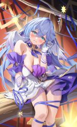 Rule 34 | 1girl, aqua eyes, arm support, bare shoulders, blue hair, bound, collarbone, detached collar, dress, feet out of frame, floating hair, gloves, hair between eyes, halo, hand up, head wings, highres, hino kagutsuki, honkai: star rail, honkai (series), leaning to the side, long hair, looking at viewer, low neckline, parted lips, playing with own hair, purple dress, purple ribbon, ribbon, robin (honkai: star rail), sitting on branch, solo, tied up (nonsexual), two-tone dress, white dress, white gloves, white wings, wings