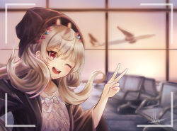 Rule 34 | 1girl, aircraft, airplane, airport, black hat, black jacket, blush, commentary, creature, english commentary, frilled shirt, frills, glowing, glowing eyes, hair behind ear, hat, impossible hair, indoors, jacket, long hair, looking at viewer, mino mitsuna, nijisanji, nijisanji en, one eye closed, open mouth, purple eyes, reimu endou, selfie, shirt, signature, smile, solo, v, viewfinder, virtual youtuber, yellow eyes