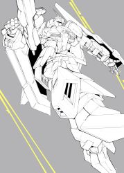 Rule 34 | airborne, from below, grey background, gun, gundam, highres, holding, holding gun, holding weapon, kuroiwa cookie, looking ahead, mecha, mobile suit, no humans, open hand, robot, science fiction, solo, spot color, v-fin, weapon, zeta gundam, zeta gundam (mobile suit)