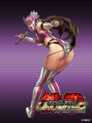 Rule 34 | 1girl, alternate costume, ass, bare shoulders, black panties, boots, breasts, brown eyes, brown hair, cable, elbow gloves, elbow pads, entangled, fingerless gloves, full body, gloves, jaycee (tekken), julia chang, junny, leotard, long hair, microphone, namco, official art, panties, pinky out, pointing, solo, tekken, tekken tag tournament 2, thigh boots, thighhighs, underwear, wrestling outfit, yamashita shun&#039;ya