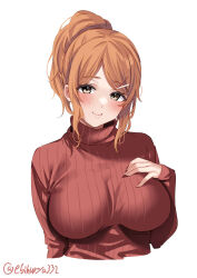 Rule 34 | 1girl, aquila (kancolle), blush, breasts, closed mouth, cropped torso, ebifurya, hair ornament, hairclip, hand on own chest, hand up, high ponytail, highres, kantai collection, large breasts, long sleeves, looking at viewer, one-hour drawing challenge, orange hair, parted bangs, red sweater, ribbed sweater, simple background, smile, solo, sweater, turtleneck, turtleneck sweater, twitter username, upper body, white background