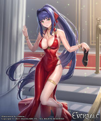 Rule 34 | 1girl, bare legs, bare shoulders, breasts, cleavage, cuboon, dress, evertale, feet, green eyes, highres, large breasts, ludmilla (evertale), official art, panty straps, ponytail, purple hair, red dress, shoes, unworn shoes, side slit, skindentation, solo, thigh strap, thighs, thong