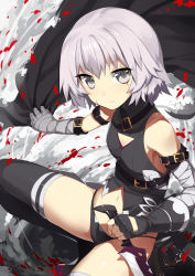 Rule 34 | 1girl, arm belt, bandaged arm, bandages, bare shoulders, belt, belt buckle, black belt, black footwear, black gloves, black panties, black shirt, boots, buckle, closed mouth, expressionless, facial scar, fate/apocrypha, fate (series), fingerless gloves, gloves, grey eyes, grey hair, halterneck, highres, holding, holding knife, holding weapon, jack the ripper (fate/apocrypha), knife, looking at viewer, navel, panties, reverse grip, scabbard, scar, scar across eye, scar on cheek, scar on face, sh (shinh), sheath, sheathed, shirt, short hair, single glove, sleeveless, sleeveless shirt, solo, squatting, thigh boots, thighhighs, turtleneck, underwear, unsheathed, weapon