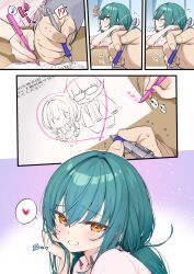 Rule 34 | !, !?, 1boy, 1girl, ?, absurdres, aqua hair, blue hair, blush, chibi, classroom, comic, commentary, commentary request, drawing, flirting, green hair, grin, heart, highres, itohana, long hair, looking at viewer, orange eyes, original, panels, pen, school, smile, solo focus, sound effects, speech bubble, spoken exclamation mark, spoken heart, spoken question mark, translation request
