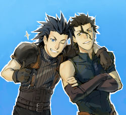 Rule 34 | 1990s (style), 2boys, ahoge, artist request, black hair, blue background, blue eyes, crossed arms, crossover, diarmuid ua duibhne (lancer) (fate), fate/zero, fate (series), final fantasy, final fantasy vii, gloves, look-alike, male focus, multiple boys, one eye closed, retro artstyle, simple background, sparkle, thumbs up, trait connection, wink, yellow eyes, zack fair
