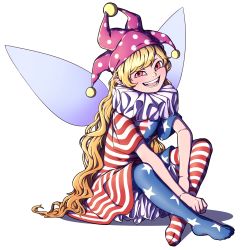 Rule 34 | 1girl, american flag dress, american flag legwear, blonde hair, clownpiece, fairy wings, full body, hat, highres, indian style, jester cap, long hair, looking at viewer, mefomefo, neck ruff, pantyhose, pointy ears, purple hat, red eyes, short sleeves, simple background, sitting, smile, solo, star (symbol), star print, striped, touhou, very long hair, white background, wings