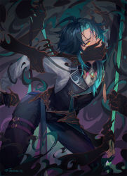 Rule 34 | 1boy, black hair, blue hair, covering another&#039;s mouth, diamond (shape), disembodied limb, floating, formal, genshin impact, hand over another&#039;s mouth, highres, marking on forehead, multicolored hair, pale skin, suit, treetree233, xiao (genshin impact), yellow eyes