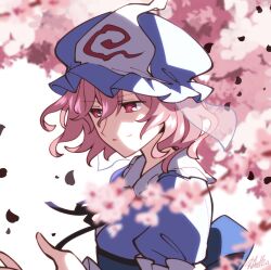 Rule 34 | 1girl, blue hat, blue kimono, cherry blossoms, closed mouth, dated, frilled kimono, frills, hat, japanese clothes, kimono, mob cap, one-hour drawing challenge, pink eyes, pink hair, saigyouji yuyuko, shikido (khf), short hair, signature, simple background, solo, touhou, triangular headpiece, upper body, white background