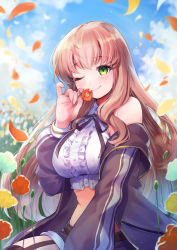 Rule 34 | 1girl, absurdres, bare shoulders, belt, black jacket, black shorts, black thighhighs, blue sky, breasts, brown hair, closed mouth, collared shirt, commission, crop top, day, flower, frilled shirt, frills, garter straps, gold trim, green eyes, hand up, highres, holding, holding flower, jacket, large breasts, long hair, long sleeves, looking at viewer, midriff, neck ribbon, off shoulder, one eye closed, open clothes, open jacket, original, outdoors, petals, red flower, ribbon, sahara1127, shirt, short shorts, shorts, sitting, skeb commission, sky, sleeveless, sleeveless shirt, smile, solo, stomach, thighhighs, white shirt