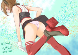 Rule 34 | 10s, 1girl, ass, back, bare shoulders, blush, brown hair, character name, dated, from below, gloves, green eyes, hairband, headgear, kantai collection, looking at viewer, looking back, mutsu (kancolle), panties, pantyshot, short hair, skirt, solo, thighhighs, ugeppa, underwear, upskirt, white panties