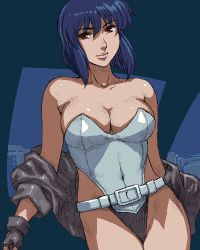 Rule 34 | 00s, 1girl, belt, blue hair, breasts, cleavage, fingerless gloves, ghost in the shell, ghost in the shell stand alone complex, gloves, highleg, highleg leotard, jacket, kusanagi motoko, large breasts, leotard, lowres, matoyama, oekaki, off shoulder, red eyes, smile, solo