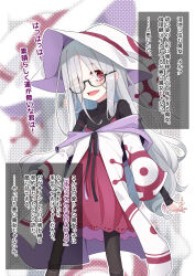 Rule 34 | 1girl, :d, black-framed eyewear, black pantyhose, black shirt, covered collarbone, doll joints, dress, eyes visible through hair, fangs, glasses, grey hair, hair over one eye, hat, highres, hood, hood down, hooded jacket, jacket, joints, long hair, long sleeves, looking at viewer, off shoulder, ogami kazuki, open clothes, open jacket, open mouth, original, pantyhose, red dress, red eyes, semi-rimless eyewear, shirt, sleeveless, sleeveless dress, sleeves past wrists, smile, solo, strap slip, translation request, under-rim eyewear, very long hair, white hat, white jacket, wide sleeves