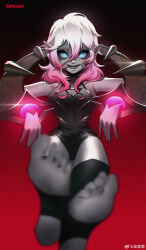 Rule 34 | 1girl, absurdres, artist name, blurry, blurry foreground, briar (league of legends), chai linlin, character name, chromatic aberration, colored sclera, feet, fingernails, full body, grey eyes, grey hair, hair between eyes, highres, league of legends, long hair, looking at viewer, medium hair, no pupils, pink hair, red sclera, sharp fingernails, sidelocks, simple background, sitting, soles, solo, stirrup legwear, teeth, toeless legwear, toes, vampire, wrist cuffs