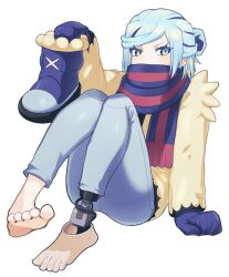 Rule 34 | 1boy, absurdres, barefoot, bbhdrrr, blush, boots, creatures (company), eyelashes, feet, game freak, green eyes, green hair, grusha (pokemon), hand up, highres, holding, holding boots, holding clothes, holding footwear, jacket, long sleeves, looking at viewer, male focus, mechanical foot, mittens, nintendo, pants, pokemon, pokemon sv, scarf, scarf over mouth, solo, striped clothes, striped scarf, sweatdrop, toes, yellow jacket