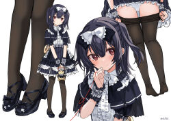 Rule 34 | 1girl, alternate costume, ass, black capelet, black dress, black footwear, black hair, blush, bow, brown pantyhose, capelet, clothes pull, dress, eluthel, finger ribbon, flat chest, frilled cuffs, frilled dress, frills, full body, gothic lolita, hair between eyes, hair bow, highres, holding, idolmaster, idolmaster shiny colors, lace, lace-trimmed panties, lace trim, lolita fashion, long hair, looking at viewer, mary janes, morino rinze, multiple views, paid reward available, panties, pantyhose, pantyhose pull, pinky out, pulling own clothes, red eyes, red ribbon, ribbon, shoes, short sleeves, simple background, smile, standing, string, string of fate, twintails, twitter username, underwear, white background, white panties, wrist cuffs