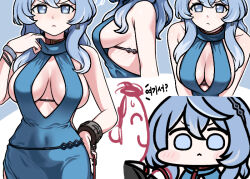 Rule 34 | 1boy, 1girl, :&lt;, ako (blue archive), ako (dress) (blue archive), blue archive, blue dress, blue eyes, blue hair, blue halo, breasts, chibi, cleavage, closed mouth, commentary, doodle sensei (blue archive), dress, frown, halo, hand on own hip, jazz jack, korean text, large breasts, long hair, looking at viewer, nervous sweating, sensei (blue archive), sideboob, sleeveless, sleeveless dress, sweat, translation request