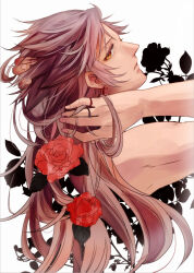Rule 34 | 1boy, bare arms, bare shoulders, commentary request, final fantasy, final fantasy ii, firion, flower, grey hair, hair down, hands in hair, jewelry, long hair, looking back, male focus, minatoya mozuku, parted lips, red flower, red rose, ring, rose, sidelocks, solo, upper body, white background, yellow eyes
