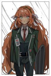 Rule 34 | 1girl, formal, green eyes, green suit, highres, holding, holding weapon, id card, ishmael (project moon), limbus company, long hair, mu46016419, necktie, orange hair, pants, project moon, red necktie, shield, shirt, suit, very long hair, weapon, white background, white shirt
