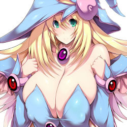 Rule 34 | 1girl, alternate breast size, bare shoulders, blonde hair, blush, bracelet, breasts, breasts squeezed together, bursting breasts, cleavage, clenched hands, covered erect nipples, dark magician girl, detached sleeves, duel monster, flipped hair, gem, gradient hair, green eyes, hair between eyes, hat, huge breasts, jewelry, light smile, long hair, looking at viewer, multicolored hair, neck ring, simple background, smile, solo, strapless, taut clothes, tsukasawa takamatsu, upper body, very long hair, white background, wizard hat, yu-gi-oh!, yu-gi-oh! duel monsters