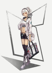 Rule 34 | 1girl, altera (fate), alternate costume, arm at side, bag, belt, belt buckle, black shorts, black thighhighs, blunt bangs, boots, breast pocket, buckle, buttons, casual, charm (object), closed mouth, coat, commentary request, crop top, cross-laced footwear, dark-skinned female, dark skin, fate/grand order, fate (series), forehead protector, full body, grey background, grey coat, grey hair, high heel boots, high heels, highres, holding, holding bag, hood, hood down, hooded coat, hoodier, knee boots, lace-up boots, long sleeves, looking at viewer, navel, open clothes, open coat, pocket, ponytail, red eyes, short hair, short shorts, shorts, sleeves rolled up, solo, standing, stomach, thighhighs, unbuttoned, veil, white footwear