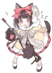Rule 34 | 1girl, animal ears, animal hands, bad id, bad pixiv id, blush, bow, brown hair, commentary request, dog ears, dog girl, dog tail, dress, fang, full body, fur-trimmed hood, fur trim, girls&#039; frontline, gloves, hair bow, hood, hood down, hooded dress, lightning bolt symbol, looking at viewer, m99 (cyclamen) (girls&#039; frontline), m99 (girls&#039; frontline), name connection, object namesake, official alternate costume, open mouth, paw gloves, platform footwear, purple eyes, red bow, shoes, simple background, solo, standing, striped, striped bow, tail, tsuka, white background, white footwear, yellow dress, zijiang m99