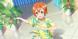 Rule 34 | 1girl, absurdres, alternate hairstyle, artist name, artist request, bracelet, braid, breasts, checkered floor, collarbone, earrings, female focus, flat chest, flower, green eyes, hair between eyes, hair ornament, hairclip, highres, hoshizora rin, jewelry, leaf print, looking at viewer, love live!, love live! school idol festival, love live! school idol festival all stars, love live! school idol project, necklace, orange hair, pants, parted lips, plant, potted plant, shirt, short hair, short sleeves, single braid, small breasts, smile, solo, star (symbol), star print, tied shirt, white pants, yellow eyes, yellow shirt