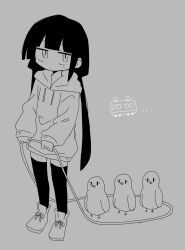 Rule 34 | 1girl, absurdres, bird, blunt bangs, closed mouth, commentary request, doodle inset, drawstring, expressionless, face of the people who sank all their money into the fx (meme), full body, greyscale, highres, holding, holding rope, hood, hood down, hoodie, jitome, lag train (vocaloid), light blush, long hair, long sleeves, looking at viewer, low twintails, meme, monochrome, osage (nukunuku nigirimeshi), playing, richard (richaball), rope, sanpaku, shoes, simple background, solo, standing, thighhighs, train, twintails, vocaloid