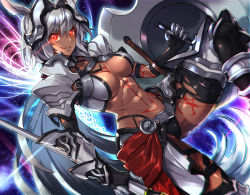 Rule 34 | 1girl, abs, animal ears, armor, breasts, caenis (fate), cleavage, commentary request, dark-skinned female, dark background, dark skin, fate/grand order, fate (series), gauntlets, glowing, grin, headgear, highres, holding, holding shield, holding weapon, leg armor, leg up, looking at viewer, matsumoto tomoyohi, medium breasts, navel, red eyes, shield, short hair, shoulder armor, silver hair, smile, solo, weapon