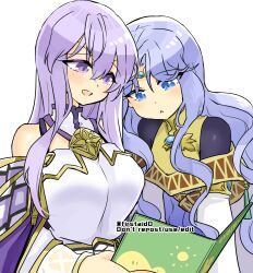 Rule 34 | 2girls, :&lt;, bare shoulders, blue eyes, book, breasts, circlet, dress, fire emblem, fire emblem: genealogy of the holy war, fire emblem: thracia 776, holding, holding book, julia (fire emblem), large breasts, long hair, looking at another, medium breasts, multiple girls, nintendo, open mouth, purple eyes, purple hair, sara (fire emblem), yukia (firstaid0)
