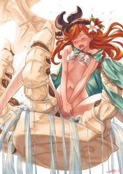 Rule 34 | 10s, 1girl, artist name, bare arms, bare shoulders, blush, bottomless, bow, cape, collarbone, covering privates, covering crotch, eimelle (nikukyuu), floating, floating hair, floating object, flower, fountain, granblue fantasy, green cape, hair flower, hair ornament, hairband, hibiscus, long hair, navel, nose blush, open mouth, own hands together, red hair, sara (granblue fantasy), simple background, sitting, solo, spread legs, stomach, strapless, teardrop, tube top, water, wavy hair, white background, white bow, white flower
