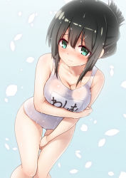 Rule 34 | 1girl, black hair, blue background, blush, breasts, character name, cleavage, closed mouth, collarbone, folded ponytail, from above, furrowed brow, green eyes, hair between eyes, hand on own thigh, highres, looking at viewer, medium breasts, one-piece swimsuit, school swimsuit, shimashima salmon, simple background, solo, swimsuit, thighs, washio sumi, washio sumi wa yuusha de aru, wet, wet hair, white one-piece swimsuit, yuusha de aru