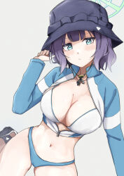 Rule 34 | 1girl, blue archive, cowboy shot, crop top, grey background, halo, hat, highres, looking at viewer, navel, osunu, purple hair, saki (blue archive), saki (swimsuit) (blue archive), short hair, simple background, solo, swimsuit, thigh gap